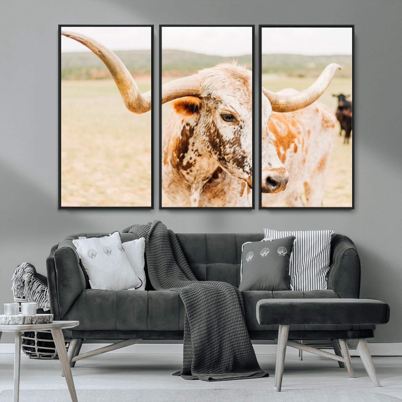 Close-up of a speckled Texas Longhorn in warm prairie tones, perfect for rustic western or countryside-themed room decor.
