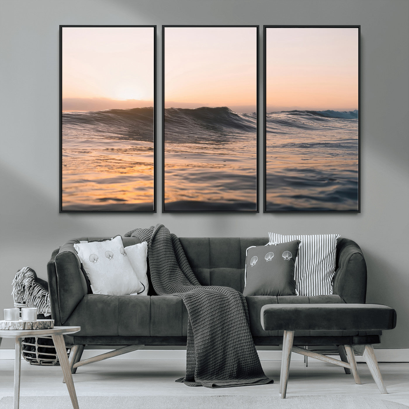 Framed canvas of ocean waves glowing in sunset light, ideal for golden hour calm or peaceful coastal-inspired wall decor.