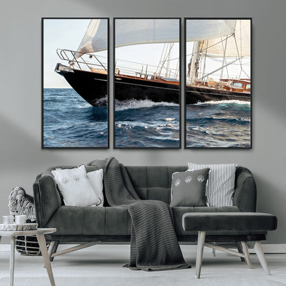 Close-up of a classic sailing yacht with wooden deck and full sails, perfect for nautical or coastal-style decor in ocean-themed spaces.