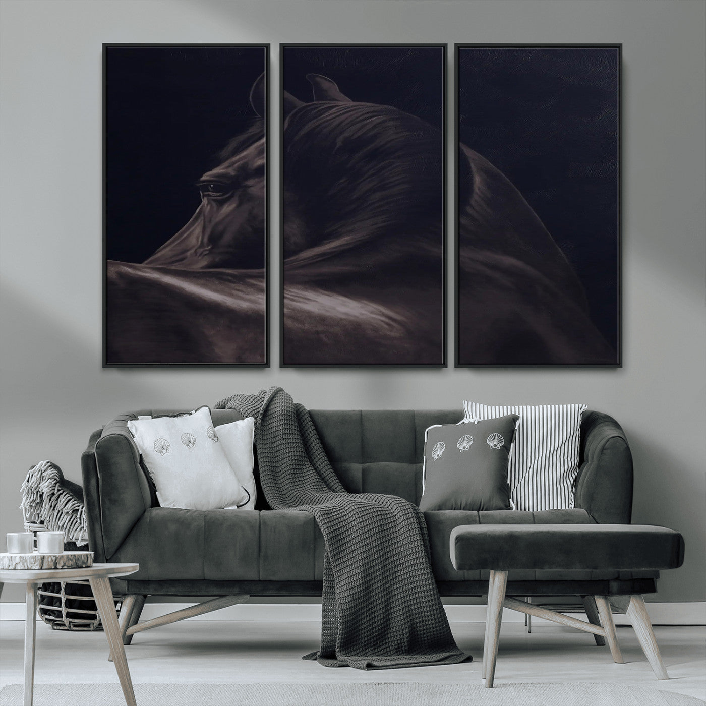Close-up of a black horse with dramatic lighting on a dark background, perfect for rustic or masculine home decor.