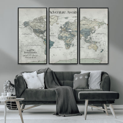 Customize Push Pin World Map Wall Canvas Print – Personalized Travel Tracker with Pins – Framed Custom Quotie Canvas for Home Office Decor