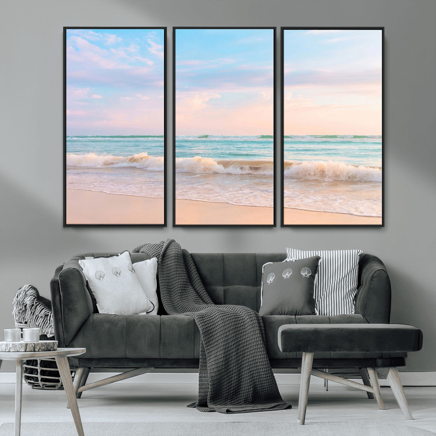 A peaceful beach scene with soft pastel skies, gentle waves washing up on the sandy shore, creating a calm and serene ocean view.
