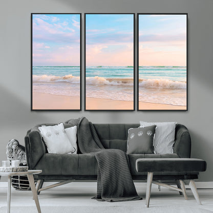 A peaceful beach scene with soft pastel skies, gentle waves washing up on the sandy shore, creating a calm and serene ocean view.