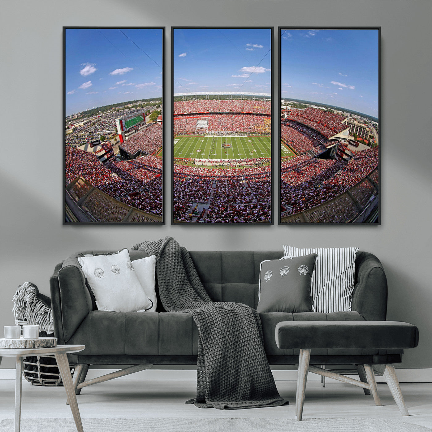 An William Brice-Stadium view of a full football stadium with cheering fans and clear blue skies, capturing the excitement and energy of the game.