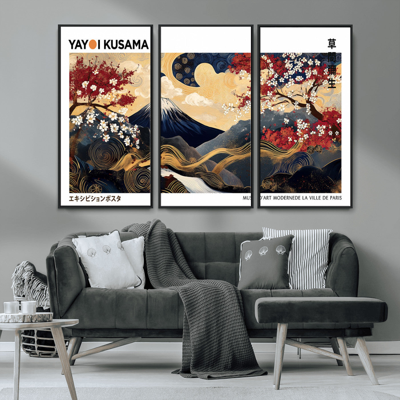 An artwork by Yayoi Kusama featuring Mount Fuji, blooming cherry blossoms, and swirling patterns in a harmonious blend of nature and art.