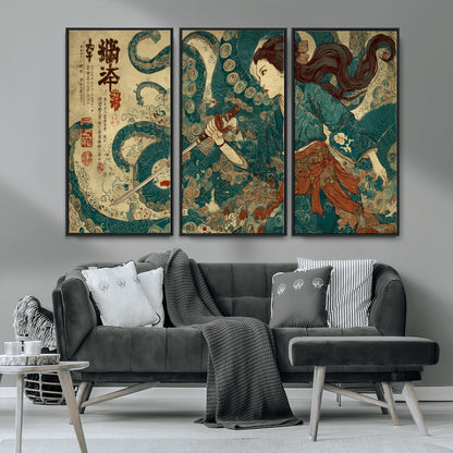 Tsukioka Yoshitoshi Samurai Wall Art Print, Japanese Katana Warrior Canvas Wall Art, Octopus Sea Monster Canvas Print,