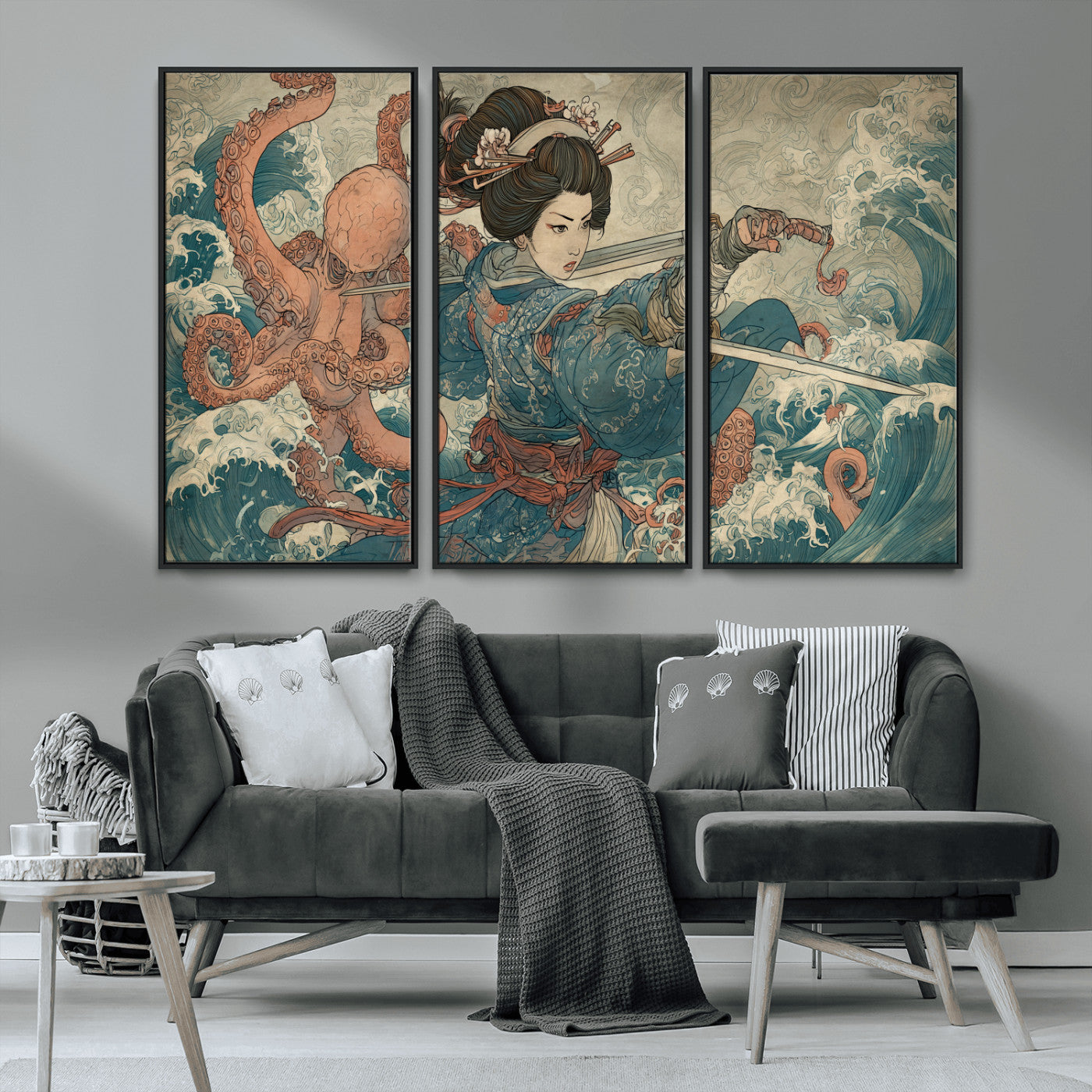 Tsukioka Yoshitoshi Samurai Wall Art Print, Japanese Katana Warrior Canvas Wall Art, Octopus Sea Monster Canvas Print,