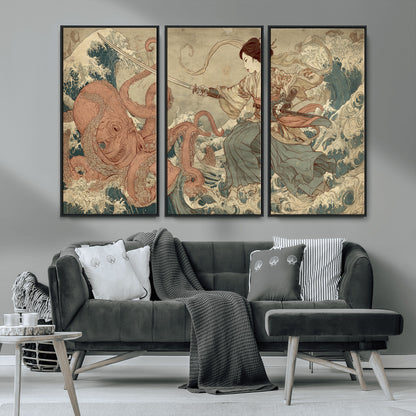 Tsukioka Yoshitoshi Samurai Wall Art Print, Japanese Katana Warrior Canvas Wall Art, Octopus Sea Monster Canvas Print,