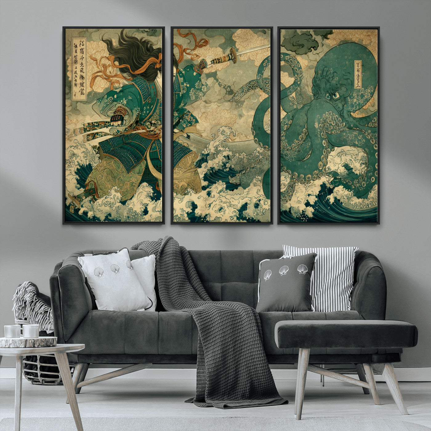 Tsukioka Yoshitoshi Samurai Wall Art Print, Japanese Katana Warrior Canvas Wall Art, Octopus Sea Monster Canvas Print,
