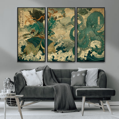Tsukioka Yoshitoshi Samurai Wall Art Print, Japanese Katana Warrior Canvas Wall Art, Octopus Sea Monster Canvas Print,