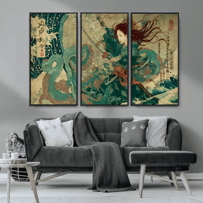 Tsukioka Yoshitoshi Samurai Wall Art Print, Japanese Katana Warrior Canvas Wall Art, Octopus Sea Monster Canvas Print,
