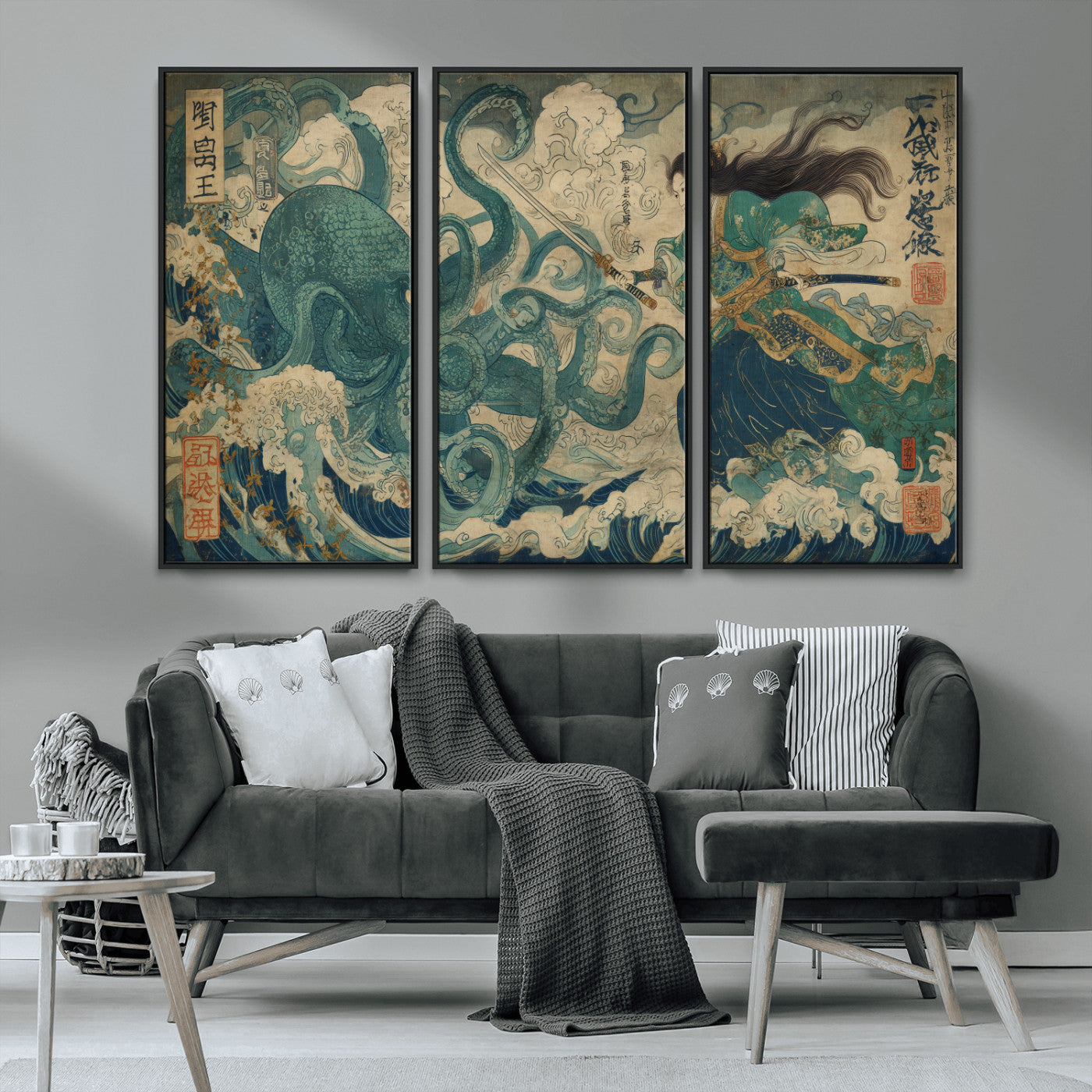 Tsukioka Yoshitoshi Samurai Wall Art Print, Japanese Katana Warrior Canvas Wall Art, Octopus Sea Monster Canvas Print,
