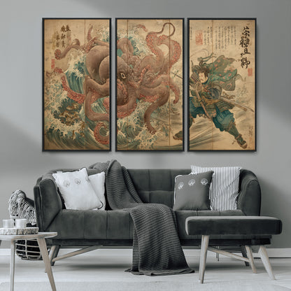 Tsukioka Yoshitoshi Samurai Wall Art Print, Japanese Katana Warrior Canvas Wall Art, Octopus Sea Monster Canvas Print,
