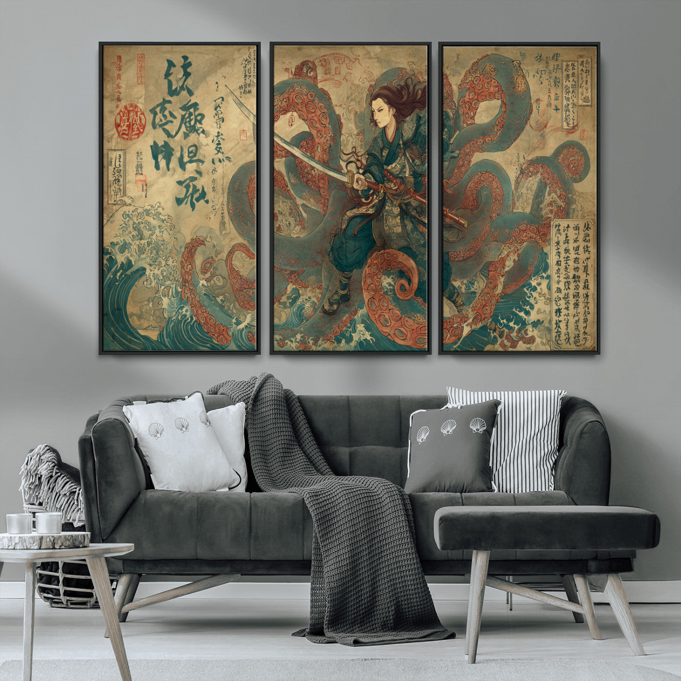 Tsukioka Yoshitoshi Samurai Wall Art Print, Japanese Katana Warrior Canvas Wall Art, Octopus Sea Monster Canvas Print,