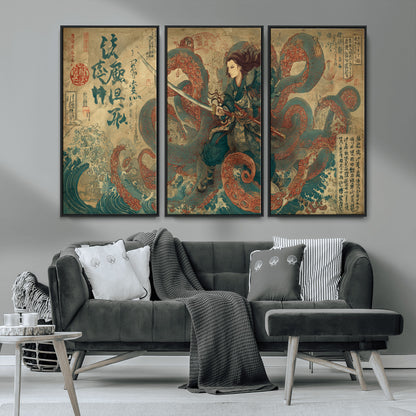Tsukioka Yoshitoshi Samurai Wall Art Print, Japanese Katana Warrior Canvas Wall Art, Octopus Sea Monster Canvas Print,