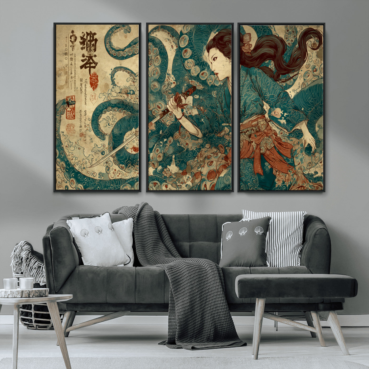 Tsukioka Yoshitoshi Samurai Wall Art Print, Japanese Katana Warrior Canvas Wall Art, Octopus Sea Monster Canvas Print,