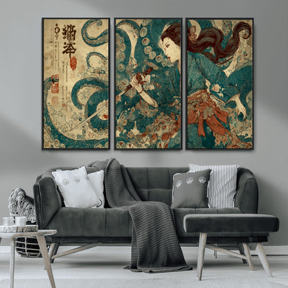 Tsukioka Yoshitoshi Samurai Wall Art Print, Japanese Katana Warrior Canvas Wall Art, Octopus Sea Monster Canvas Print,