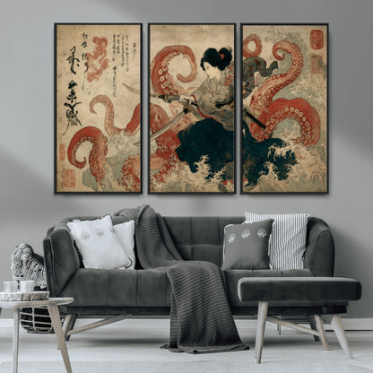 Tsukioka Yoshitoshi Samurai Wall Art Print, Japanese Katana Warrior Canvas Wall Art, Octopus Sea Monster Canvas Print,