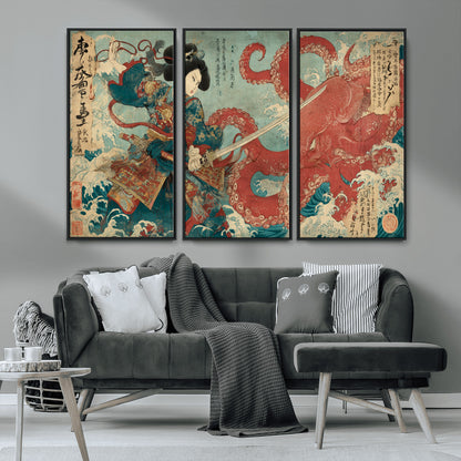 Tsukioka Yoshitoshi Samurai Wall Art Print, Japanese Katana Warrior Canvas Wall Art, Octopus Sea Monster Canvas Print,