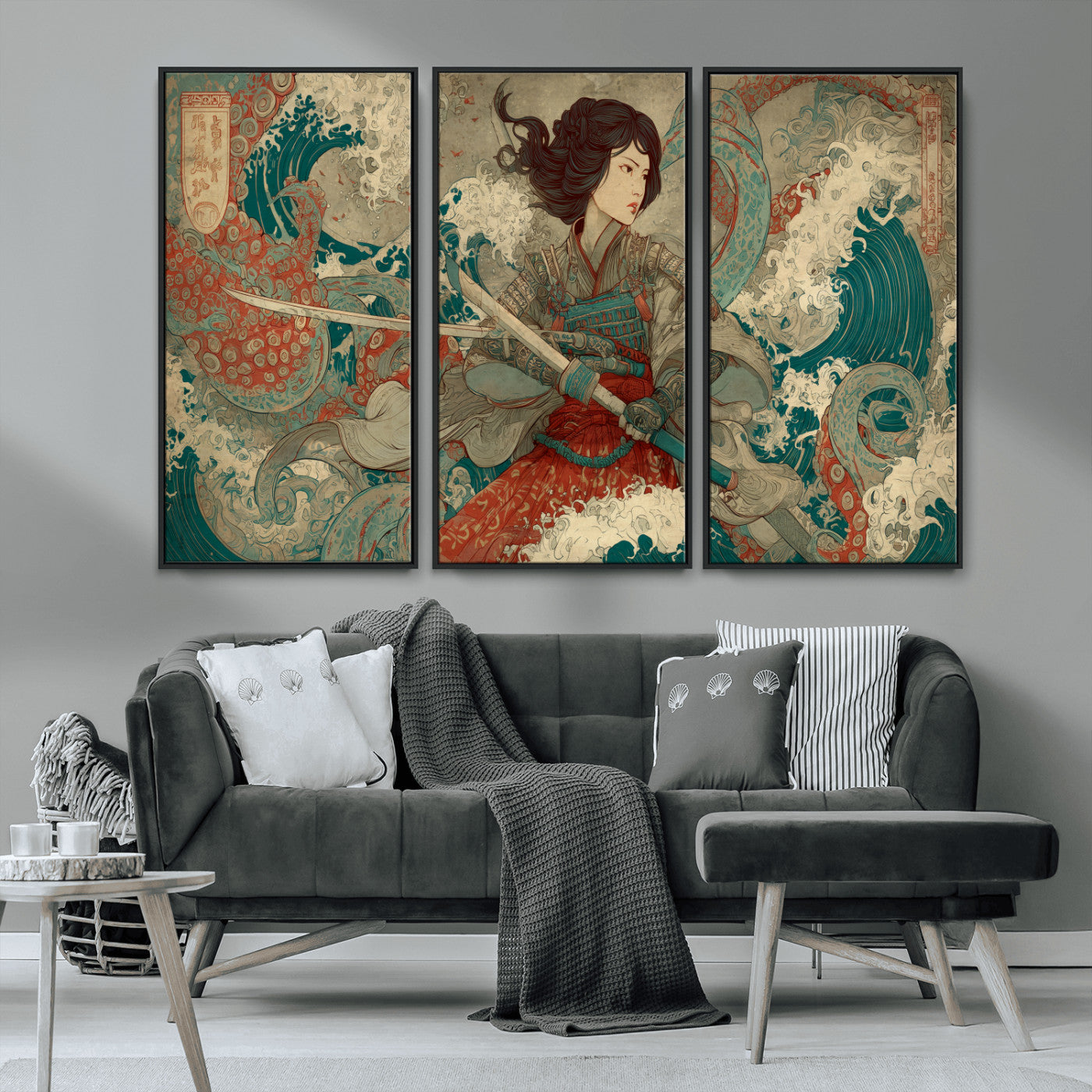 Tsukioka Yoshitoshi Samurai Wall Art Print, Japanese Katana Warrior Canvas Wall Art, Octopus Sea Monster Canvas Print,