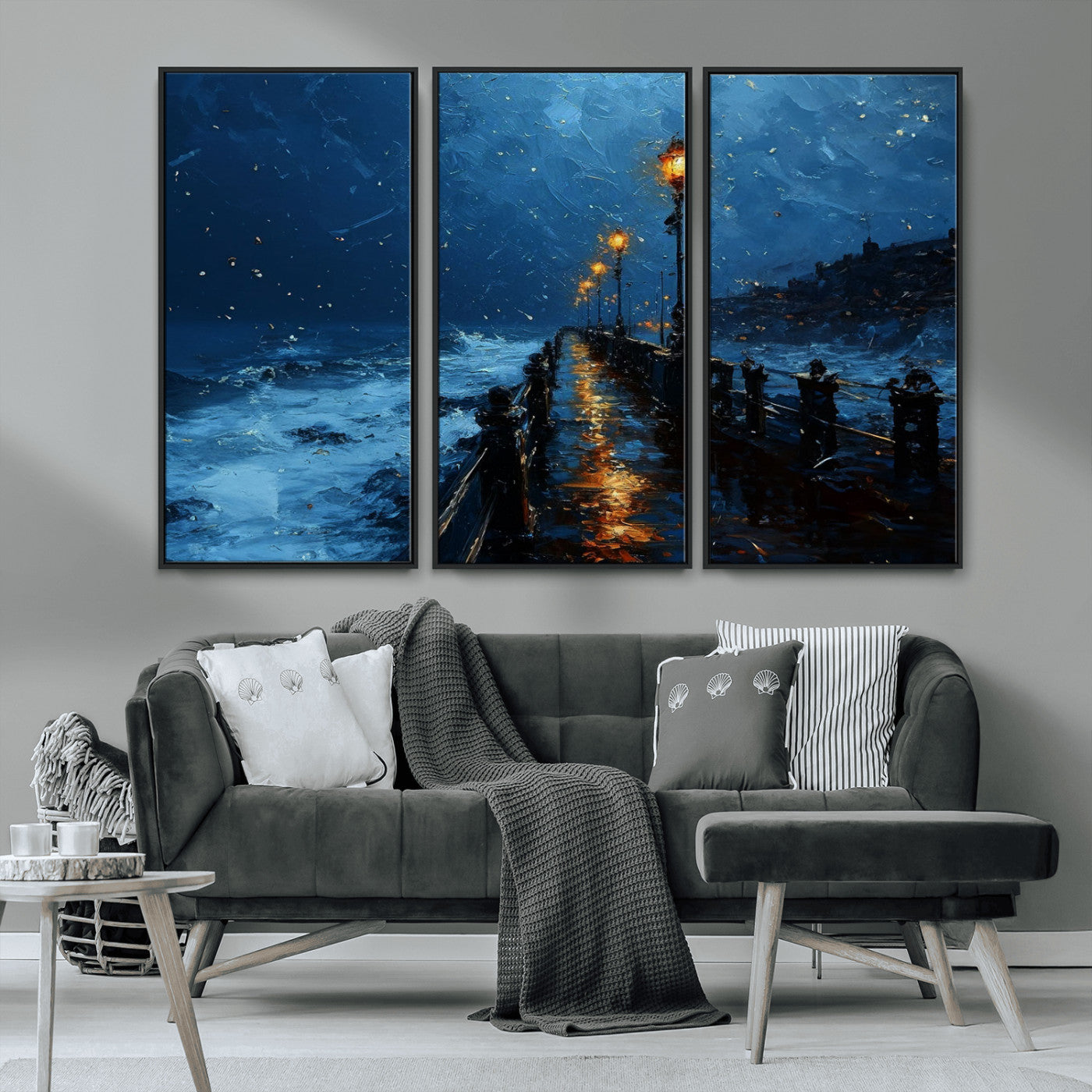 "Impressionistic painting of a rainy pier at night with glowing street lamps reflecting on the wet surface, ocean waves crashing under a dark blue sky."