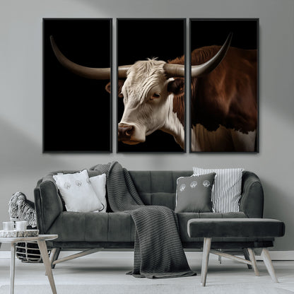"Close-up of a brown and white longhorn cow with prominent curved horns against a black background."