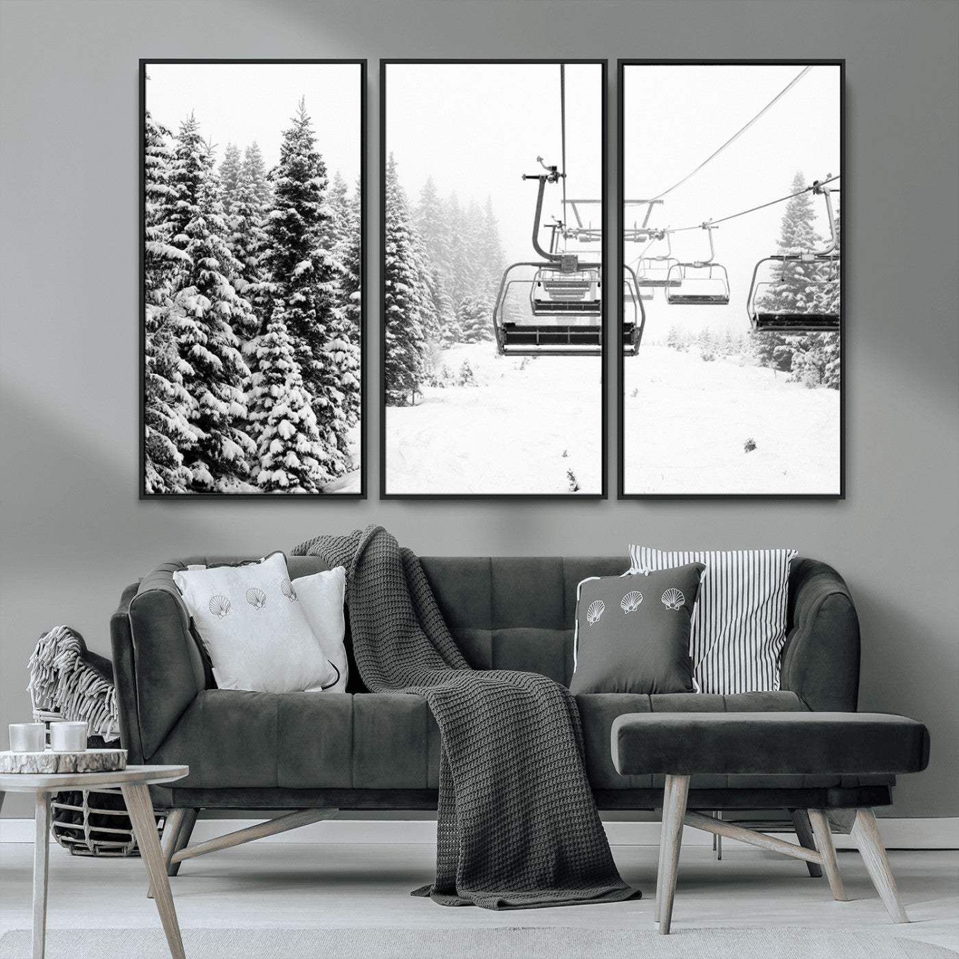 Black and white canvas of empty ski lifts over a snowy pine forest, perfect for minimal winter or ski lodge-inspired decor.