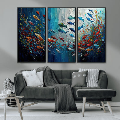 Colorful painting of fish swimming in abstract ocean swirls, perfect for vibrant marine-themed or expressive coastal home decor.