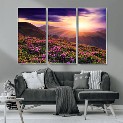 -Mountain Sunrise Wall Art – Vibrant Floral Landscape Canvas Print, Nature Home Decor for Living Room, Bedroom Office or Cabin