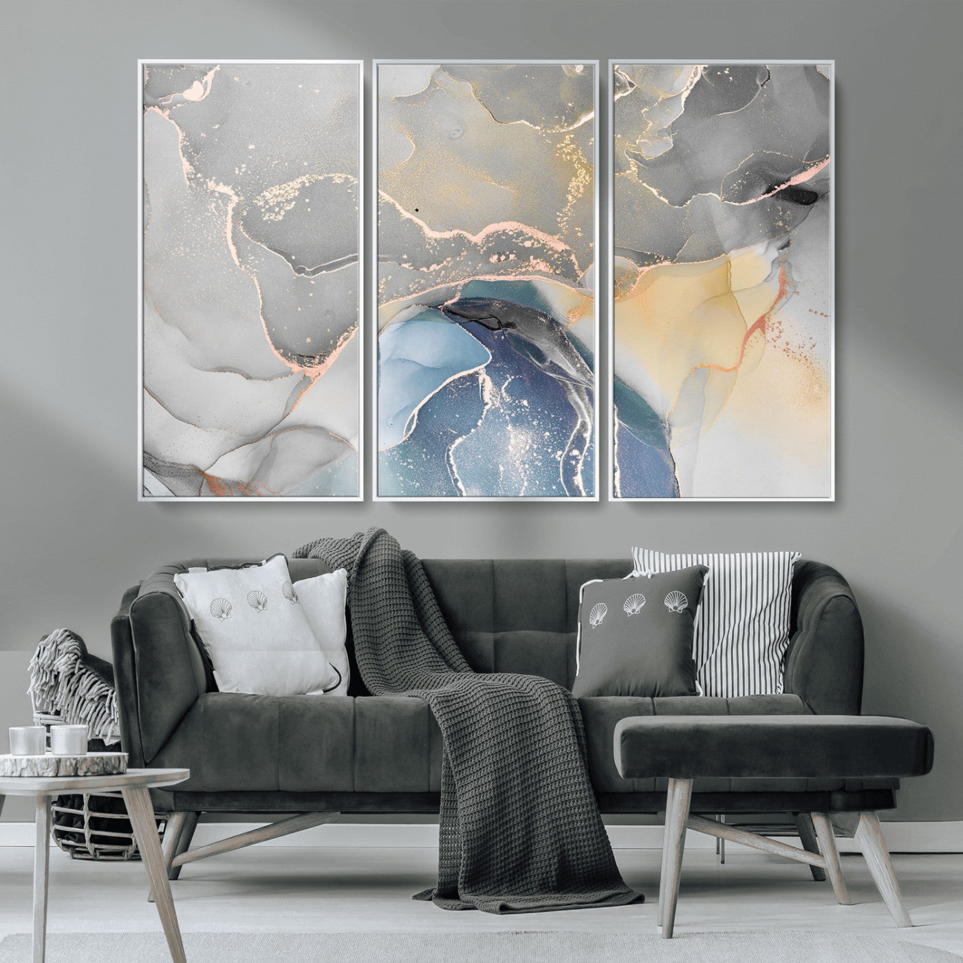 -Abstract Fluid Art Wall Decor – Blue, Gray & Gold Canvas Print, Modern Home and Office Wall Art Decor for Living Room, Bedroom or Workspace