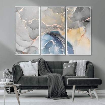 -Abstract Fluid Art Wall Decor – Blue, Gray & Gold Canvas Print, Modern Home and Office Wall Art Decor for Living Room, Bedroom or Workspace