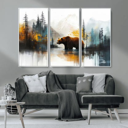 A majestic bear stands by the serene waters of a misty forest, surrounded by towering trees and distant mountains, evoking the raw beauty and wild spirit of nature.