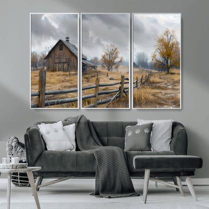 A tranquil rural scene featuring a rustic barn, overcast skies, and golden fields with scattered trees, evoking a sense of peaceful solitude in nature.