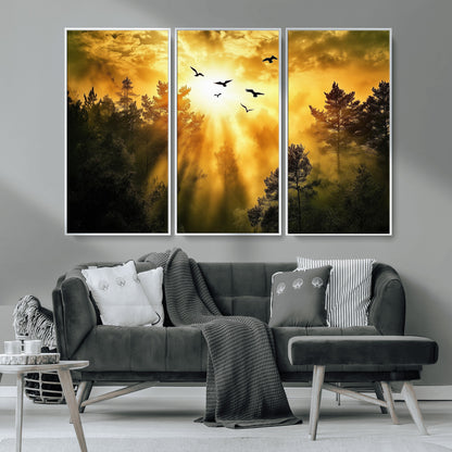 Canvas of a golden forest at sunset with birds flying through glowing sunbeams and silhouetted pine trees, ideal for warm-toned rustic decor.