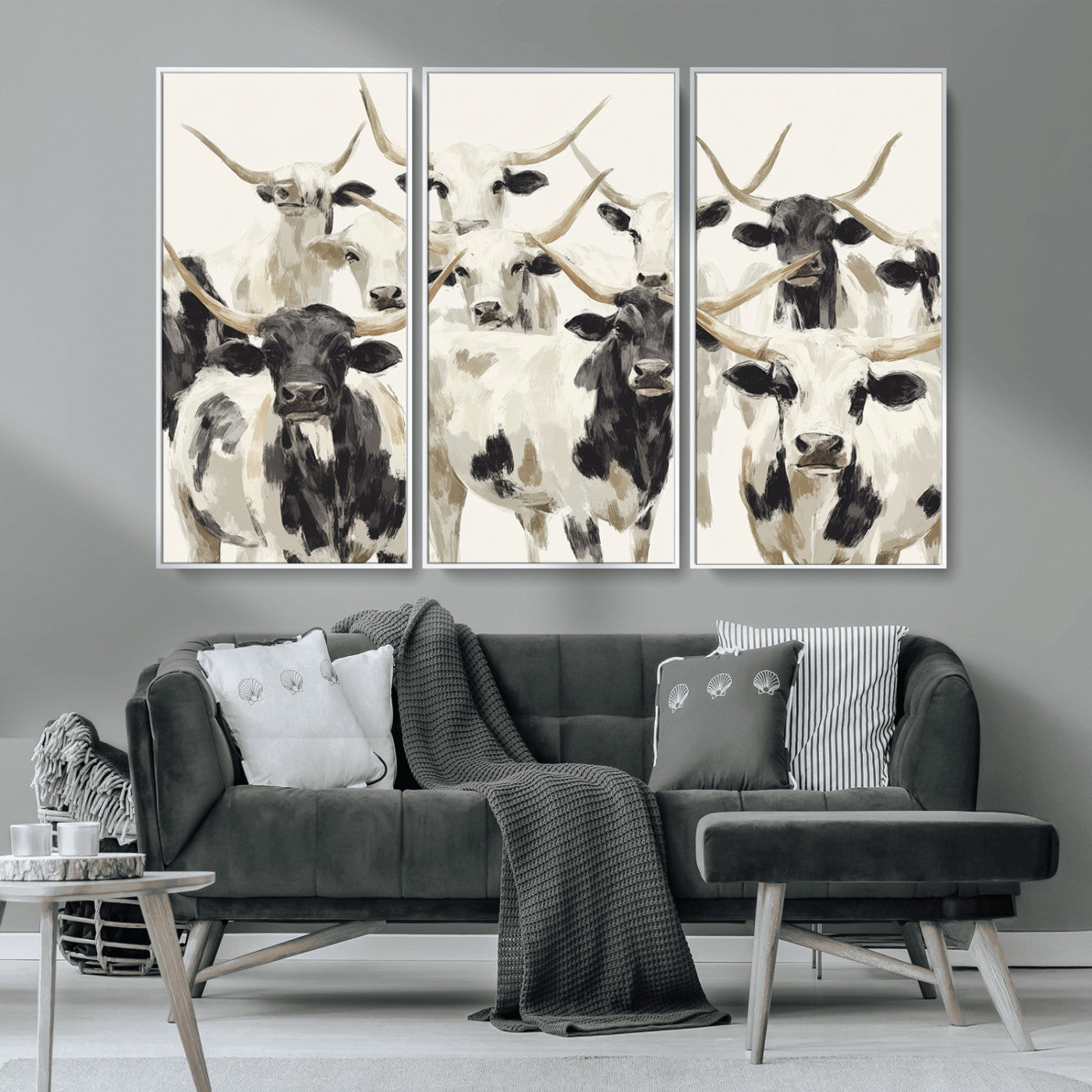 Canvas of a Texas Longhorn cattle herd in neutral black and white tones, ideal for rustic farmhouse or western-themed decor.