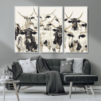 Canvas of a Texas Longhorn cattle herd in neutral black and white tones, ideal for rustic farmhouse or western-themed decor.