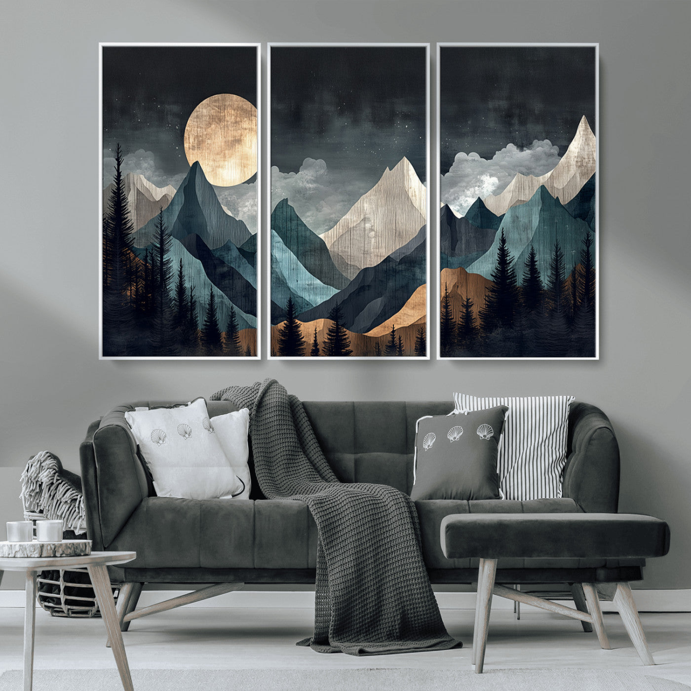 Stylized canvas of layered mountains under a full moon in neutral moody tones, ideal for nature-inspired or modern rustic interiors.