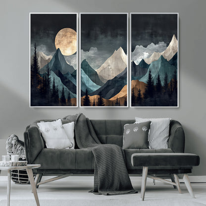 Stylized canvas of layered mountains under a full moon in neutral moody tones, ideal for nature-inspired or modern rustic interiors.