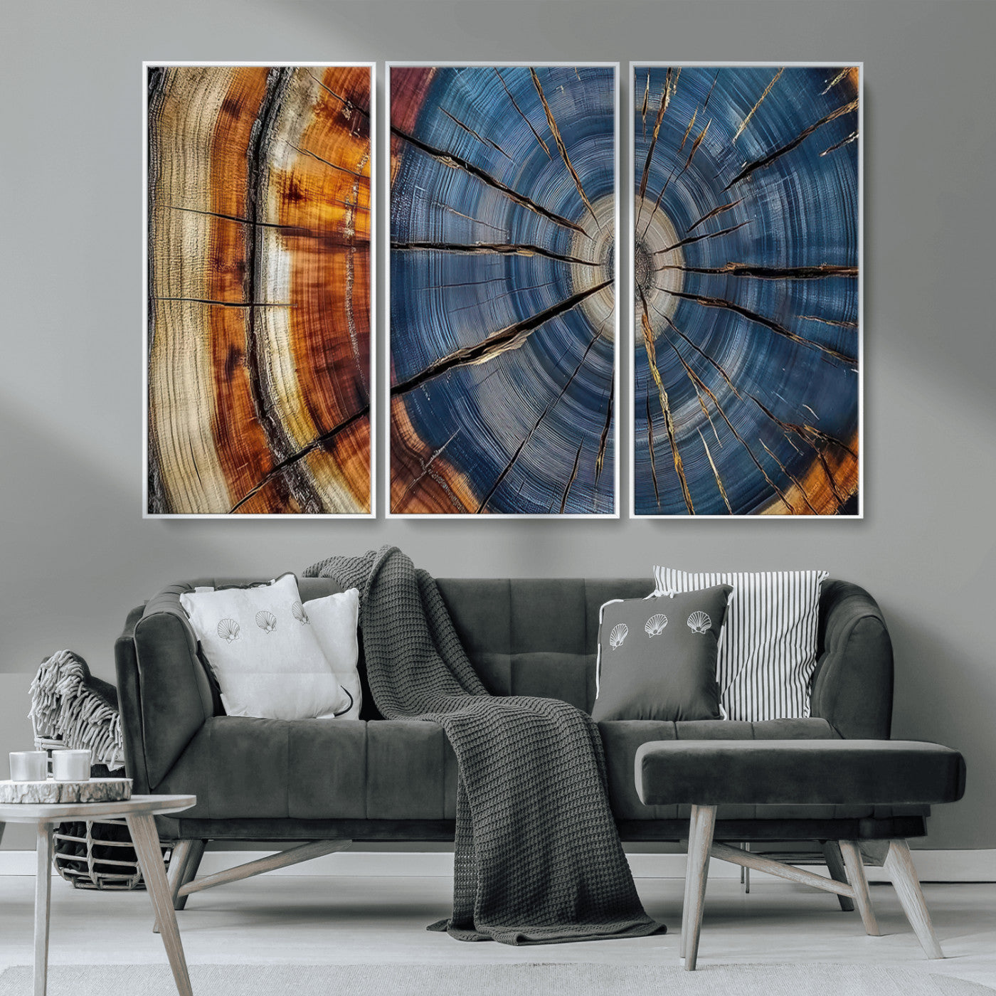A stunning close-up view of a tree trunk, showcasing the intricate growth rings in a vibrant mix of warm browns, cool blues, and hints of natural texture.