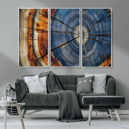A stunning close-up view of a tree trunk, showcasing the intricate growth rings in a vibrant mix of warm browns, cool blues, and hints of natural texture.