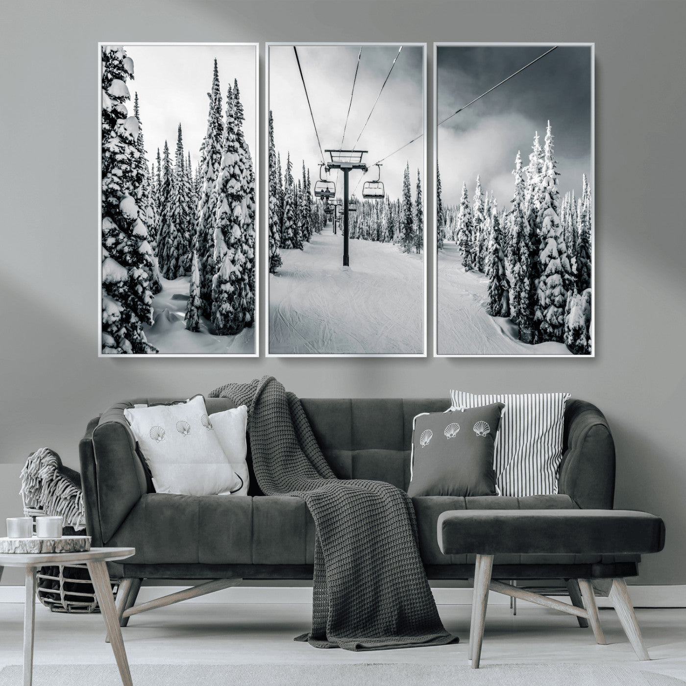 Canvas of a snowy ski lift scene through a forest of tall pine trees, ideal for moody winter or alpine-themed home decor.