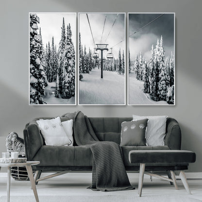 Canvas of a snowy ski lift scene through a forest of tall pine trees, ideal for moody winter or alpine-themed home decor.