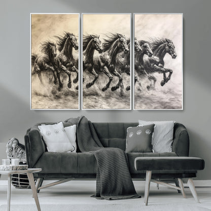 Monochrome drawing of a herd of galloping horses, perfect for dynamic and wild-themed decor in any equestrian or nature-inspired room.