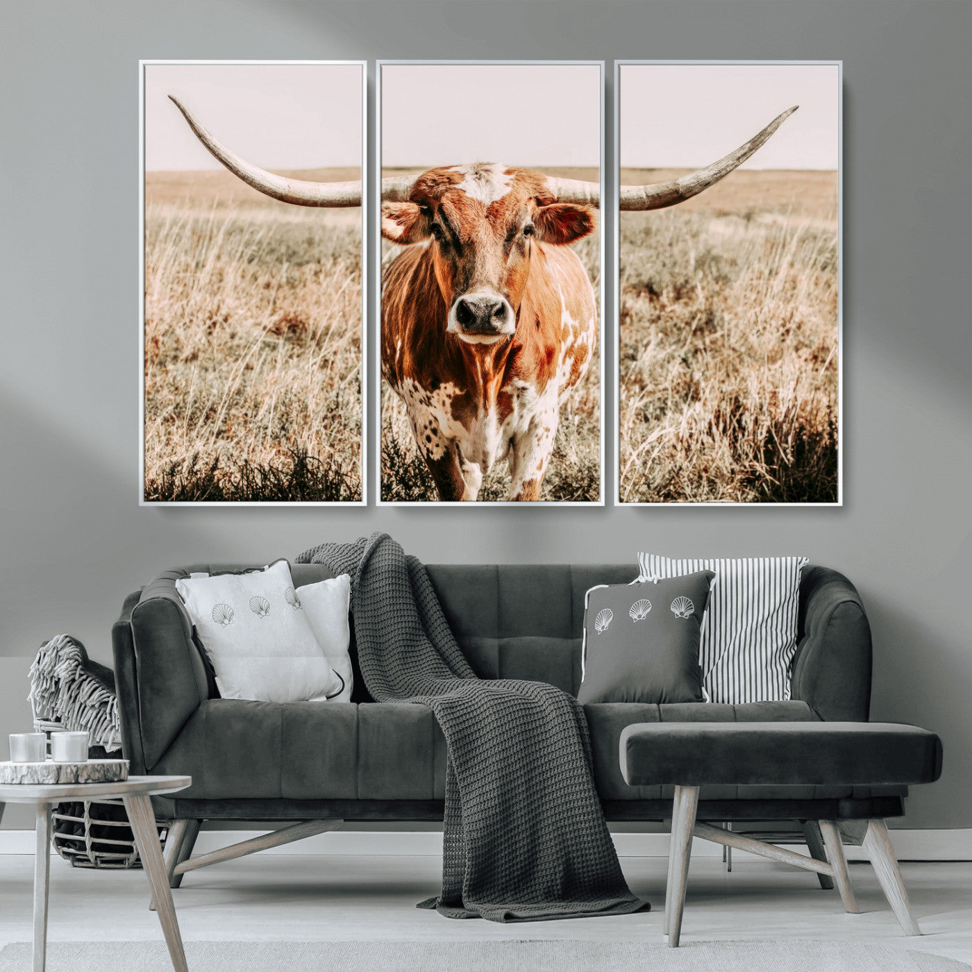 Framed longhorn cow canvas wall art with rustic prairie background, western animal print perfect for farmhouse or ranch style decor