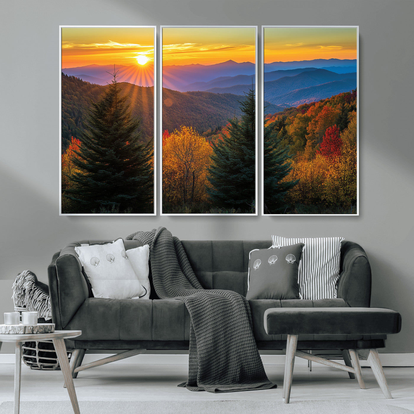 Vibrant sunset over autumn mountains with colorful trees and warm light, ideal for nature lovers or cabin-style wall decor.