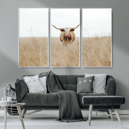Texas Longhorn bull standing alone in dry grass with neutral tones, ideal for rustic western or cowboy-themed wall decor.