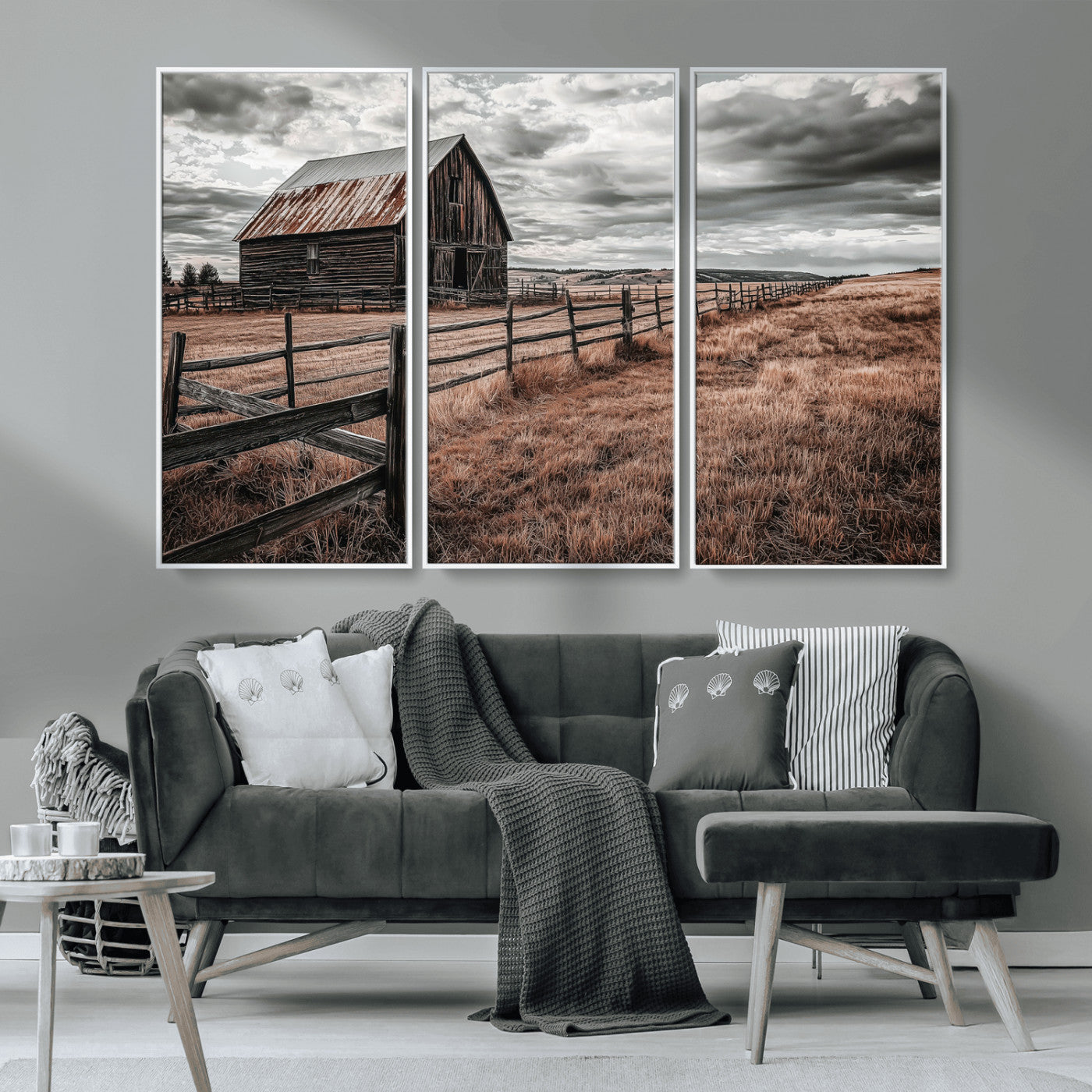 Framed canvas of a rustic barn under a moody sky with weathered fence and dark fields, ideal for farmhouse or rural-style wall decor.
