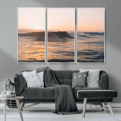 Framed canvas of ocean waves glowing in sunset light, ideal for golden hour calm or peaceful coastal-inspired wall decor.