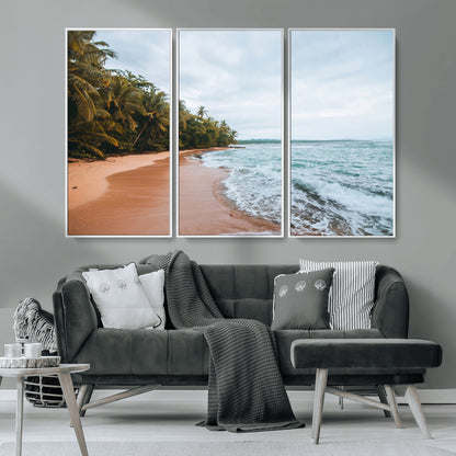 Framed canvas of a tropical beach with palm trees and soft waves, ideal for coastal escape or serene nature-inspired home decor.