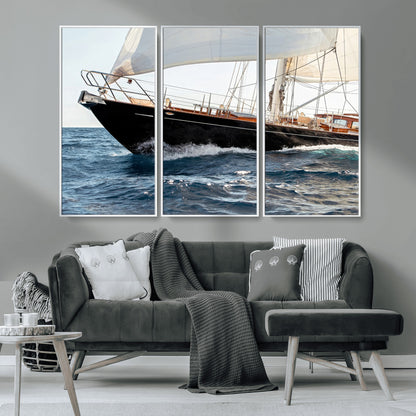 Close-up of a classic sailing yacht with wooden deck and full sails, perfect for nautical or coastal-style decor in ocean-themed spaces.